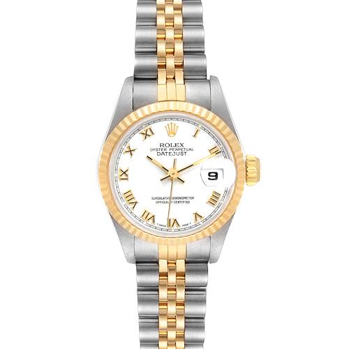 This image shows a front view of a Rolex Datejust 69173 Women's Steel and Gold (two tone) White Dial 69173 Women's Steel and Gold (two tone) White Dial watch displaying the face, bezel, and two-tone bracelet.