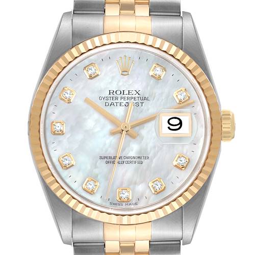 This image shows a front view of the Rolex Datejust 16233 Men's Steel and Gold (two tone) Mother of Pearl Dial 16233 Men's Steel and Gold (two tone) Mother of Pearl Dial watch, highlighting its dial, bezel, and part of the bracelet.