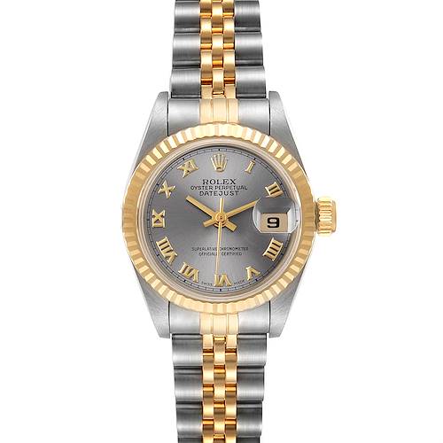 This image shows a Rolex Datejust 69173 Women's Steel and Gold (two tone) Grey Dial 69173 Women's Steel and Gold (two tone) Grey Dial watch from a head-on view, highlighting the dial, bezel, hands, and bracelet.