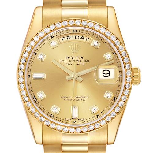 The Rolex President 118348 Men's Yellow Gold Champagne Dial 118348 Men's Yellow Gold Champagne Dial watch is shown from the front, highlighting its gold dial, diamond-encrusted bezel, and day-date display.