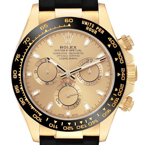 The Rolex Daytona 116518LN Men's Yellow Gold Champagne Dial 116518LN Men's Yellow Gold Champagne Dial watch is shown from a front angle, highlighting its gold dial, black bezel, pushers, and crown.