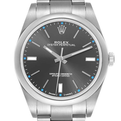 The image shows a front view of the Rolex Oyster Perpetual 114300 Men's Stainless Steel Grey Dial 114300 Men's Stainless Steel Grey Dial watch, highlighting the dial, bezel, and part of the bracelet.