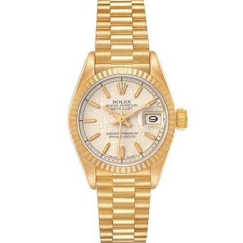 The Rolex President 69178 Women's Yellow Gold White Dial 69178 Women's Yellow Gold White Dial model is shown from a front angle, displaying the face, bezel, crown, and bracelet.