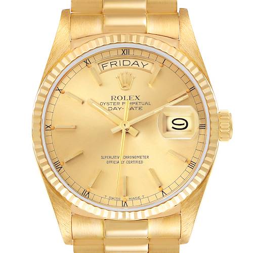 The Rolex President 18038 Men's Yellow Gold Champagne Dial 18038 Men's Yellow Gold Champagne Dial watch is shown from a frontal angle, highlighting its face, dial, hands, day, and date features.