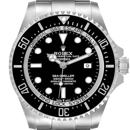 This image shows the front view of the Rolex Sea-Dweller 126660 Men's Stainless Steel Black Dial 126660 Men's Stainless Steel Black Dial watch, highlighting its dial, bezel, and part of the bracelet.