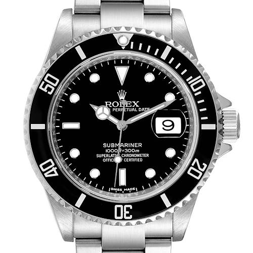 This image shows a front view of the Rolex Submariner 16610 Men's Stainless Steel Black Dial 16610 Men's Stainless Steel Black Dial watch, including its black dial, date feature, and stainless steel bracelet.