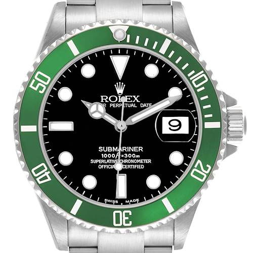 The image shows a Rolex Submariner 16610LV Men's Stainless Steel Black Dial 16610LV Men's Stainless Steel Black Dial watch from a front angle, featuring a green bezel and a black dial.