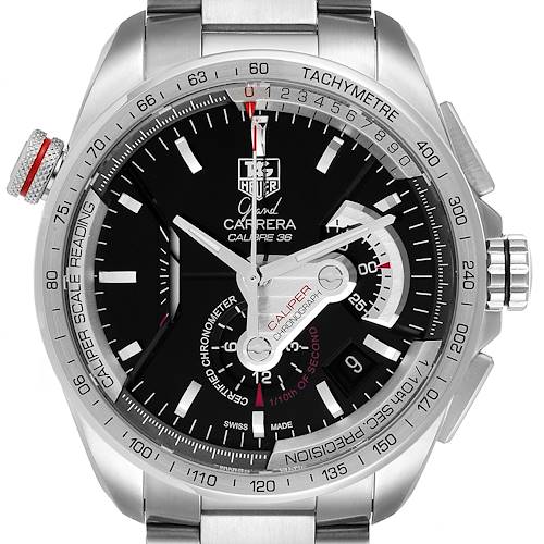 The image shows a front view of a Tag Heuer Carrera CAV5115.BA0902 Men's Stainless Steel Black Dial CAV5115.BA0902 Men's Stainless Steel Black Dial Calibre 36 watch, displaying its face, bezel, and push-pull crown.