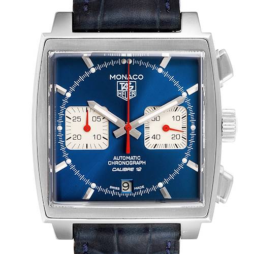 The image shows a front view of the Tag Heuer Monaco CAW2111 Men's Stainless Steel Blue Dial CAW2111 Men's Stainless Steel Blue Dial watch, highlighting its square dial, chronograph subdials, and leather strap.
