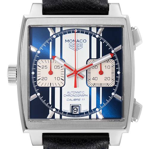 The image shows the face of the Tag Heuer Monaco Calibre 11 Limited Edition watch, highlighting its square case and chronograph features.