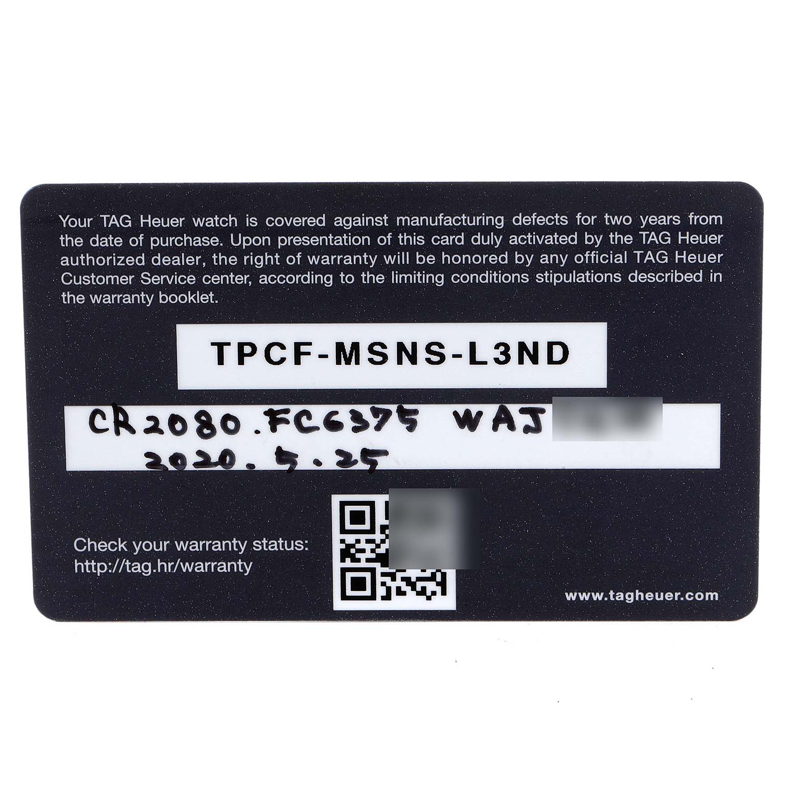 This image shows the warranty card for the Tag Heuer Monza model watch, featuring identification codes and a QR code.