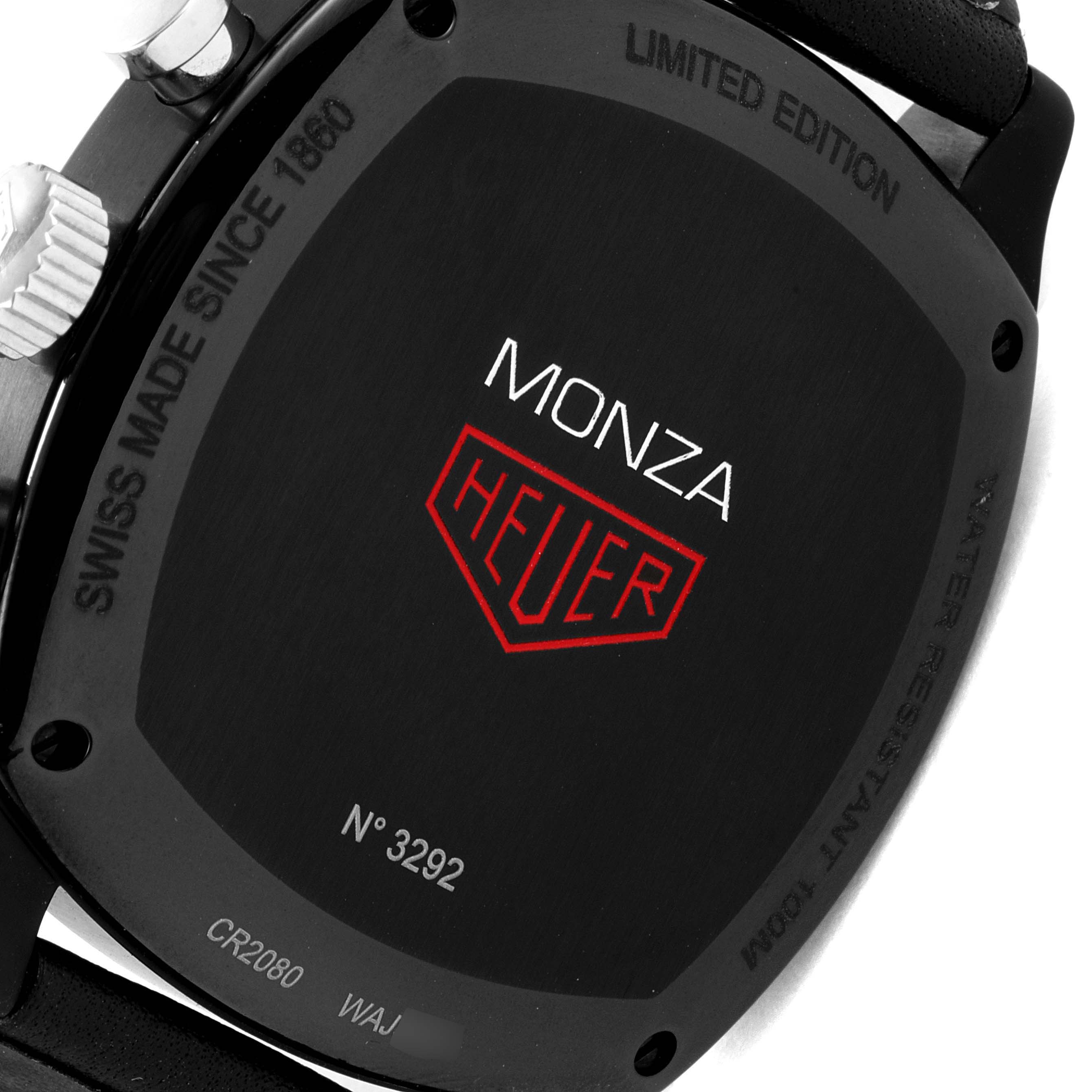 The image shows the back case of a Tag Heuer Monza watch, highlighting its limited edition number and logos.