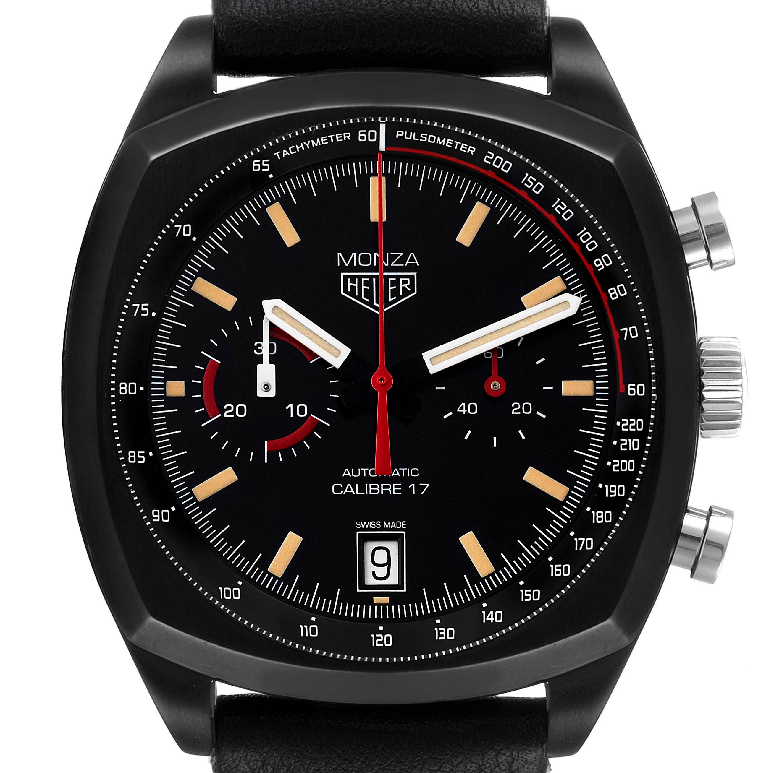 This image shows the face, crown, and pushers of the Tag Heuer Monza Calibre 17 Limited Edition watch.