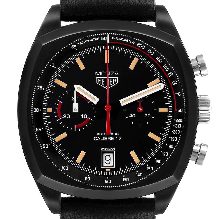 This image shows the face, crown, and pushers of the Tag Heuer Monza Calibre 17 Limited Edition watch.