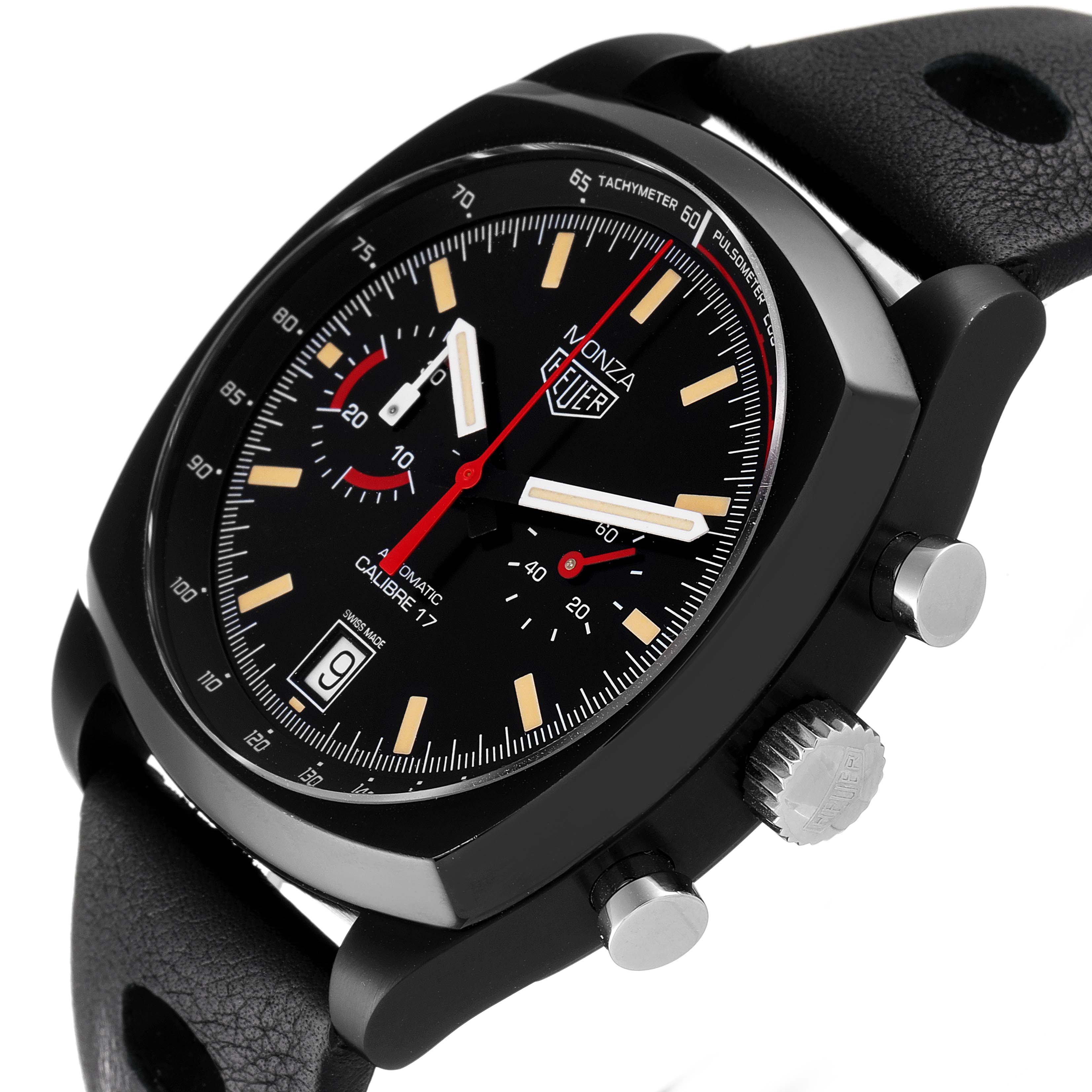 The image shows the Tag Heuer Monza model watch from an angled side view, displaying the crown, pushers, dial, and strap.