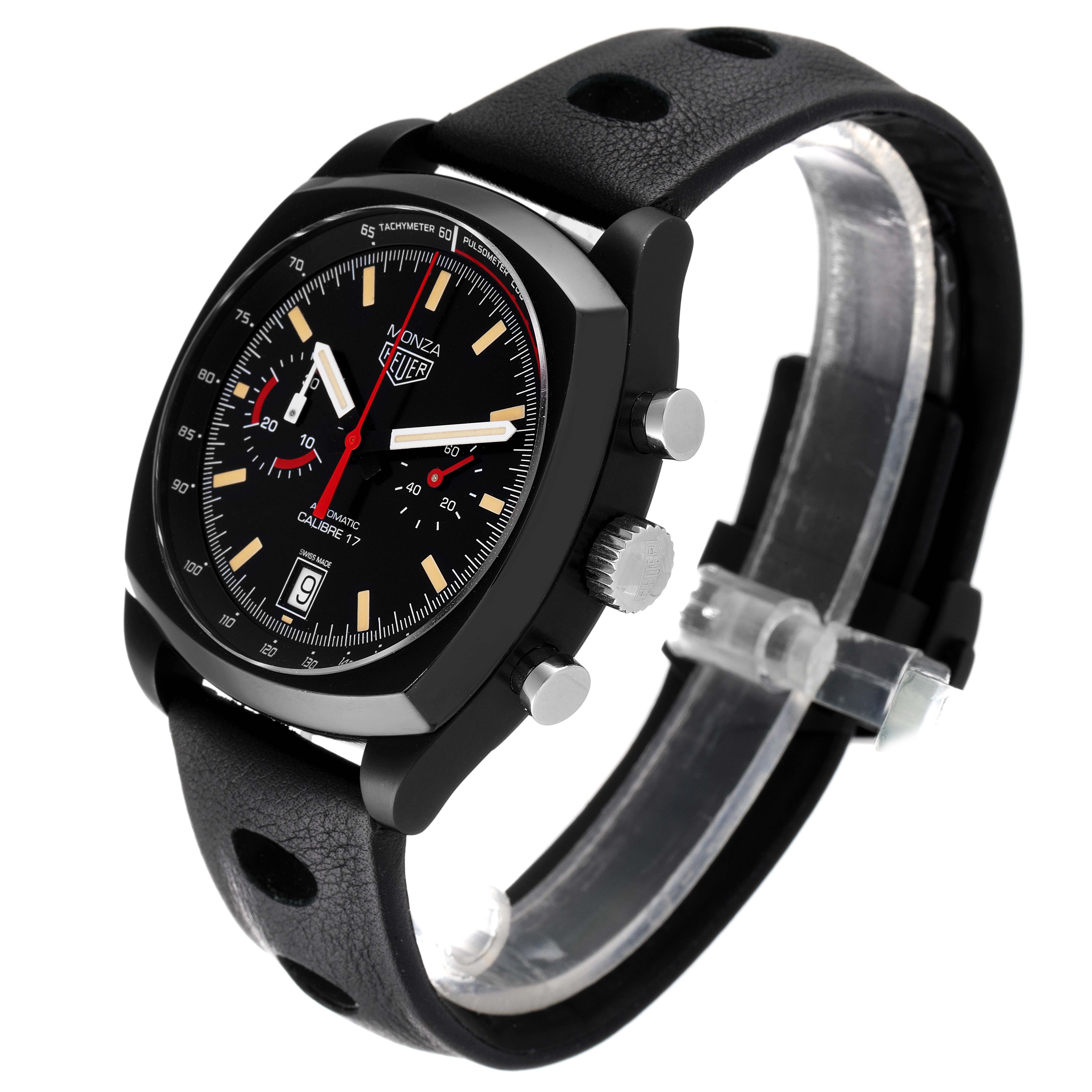 The image shows a Tag Heuer Monza watch at a three-quarter angle, featuring the dial, bezel, and leather strap.