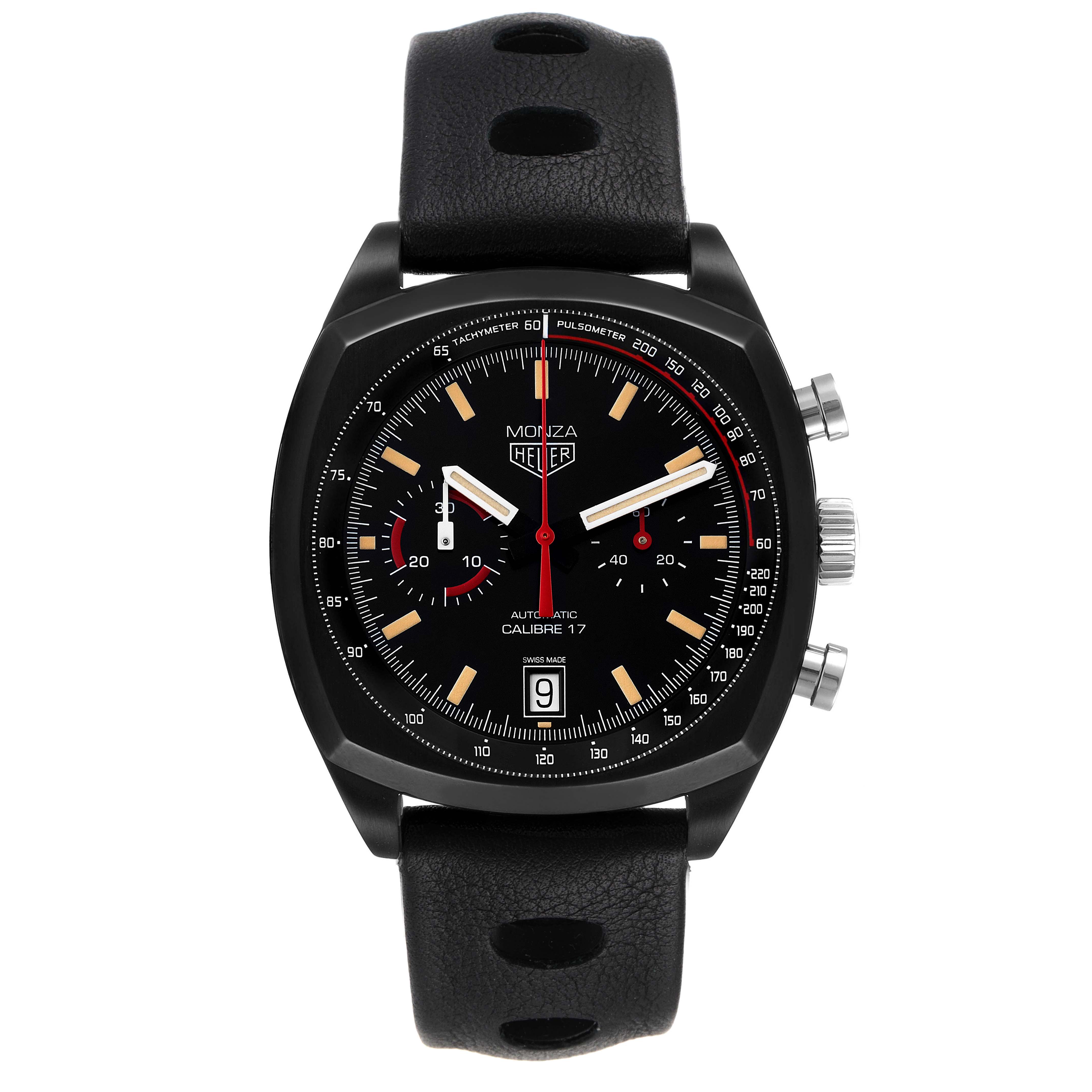 The image shows a front view of the Tag Heuer Monza watch, displaying its face, strap, and side buttons.