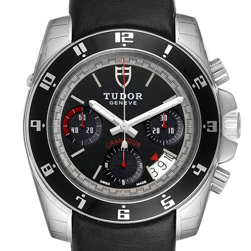 This image shows a frontal view of the Tudor Grantour 20350N-BKSLPL Men's Stainless Steel Black Dial 20350N-BKSLPL Men's Stainless Steel Black Dial watch, displaying its dial, bezel, and chronograph subdials.