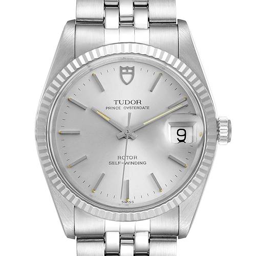 This Tudor Prince 74034 Men's Stainless Steel Silver Dial 74034 Men's Stainless Steel Silver Dial watch displays a classic face with a date window, set at a front angle.