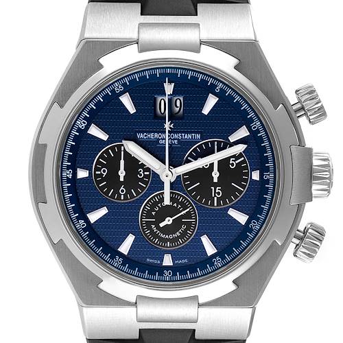 This image shows a front view of the Vacheron Constantin Overseas 49152/000A-9540 Men's Stainless Steel Blue Dial 49152/000A-9540 Men's Stainless Steel Blue Dial watch, highlighting its blue dial and chronograph features.