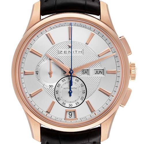 The image shows a close-up of the Zenith El Primero 18.2070.4054/02.C711 Men's Rose Gold Silver Dial 18.2070.4054/02.C711 Men's Rose Gold Silver Dial watch face, displaying its dial, hands, date, and subdials.