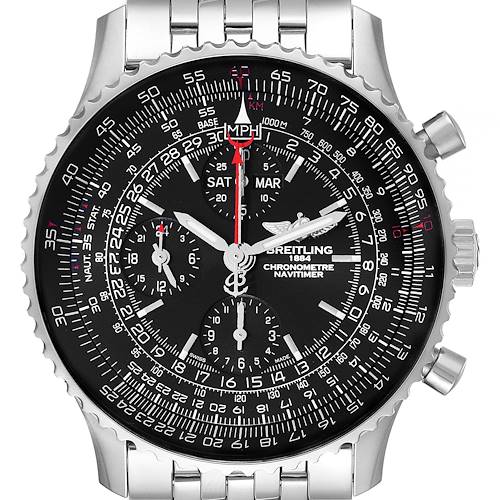 The image shows a close-up of the Breitling Navitimer A2135024/BE62-453A Men's Stainless Steel Black Dial A2135024/BE62-453A Men's Stainless Steel Black Dial watch face, highlighting its black dial, chronograph subdials, and stainless steel case and bracelet.