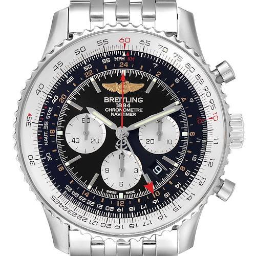 The Breitling Navitimer AB044121/BD24/443A Men's Stainless Steel Black Dial AB044121/BD24/443A Men's Stainless Steel Black Dial watch is shown from a front angle, highlighting its black dial, chronograph sub-dials, and stainless steel bracelet.