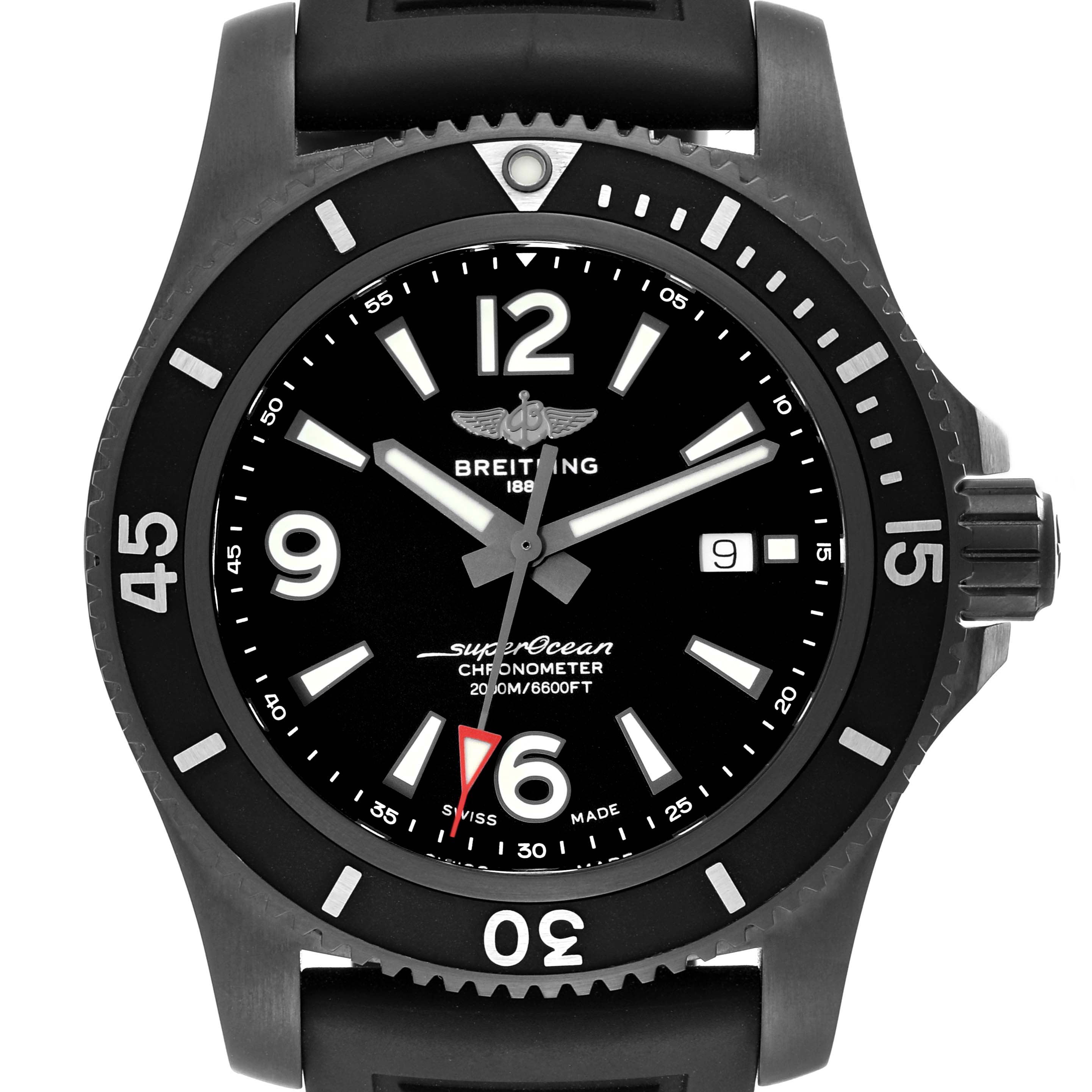 The Breitling Superocean M17368B71B1S2 Men's Stainless Steel Black Dial M17368B71B1S2 Men's Stainless Steel Black Dial watch is shown from a front angle, highlighting its dial, bezel, and rubber strap.