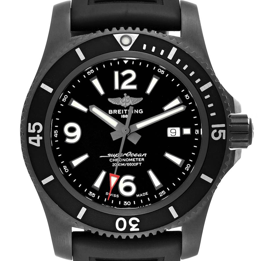 The Breitling Superocean M17368B71B1S2 Men's Stainless Steel Black Dial M17368B71B1S2 Men's Stainless Steel Black Dial watch is shown from a front angle, highlighting its dial, bezel, and rubber strap.