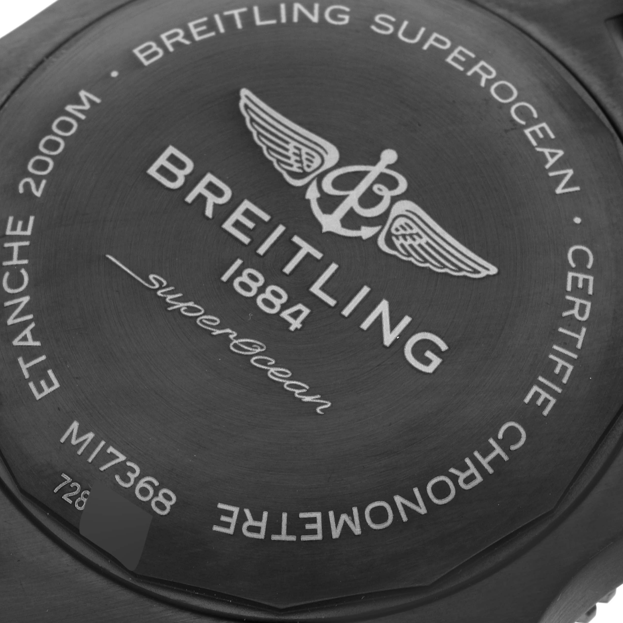 The image shows the case back of a Breitling Superocean M17368B71B1S2 Men's Stainless Steel Black Dial M17368B71B1S2 Men's Stainless Steel Black Dial watch, highlighting its branding and model information.