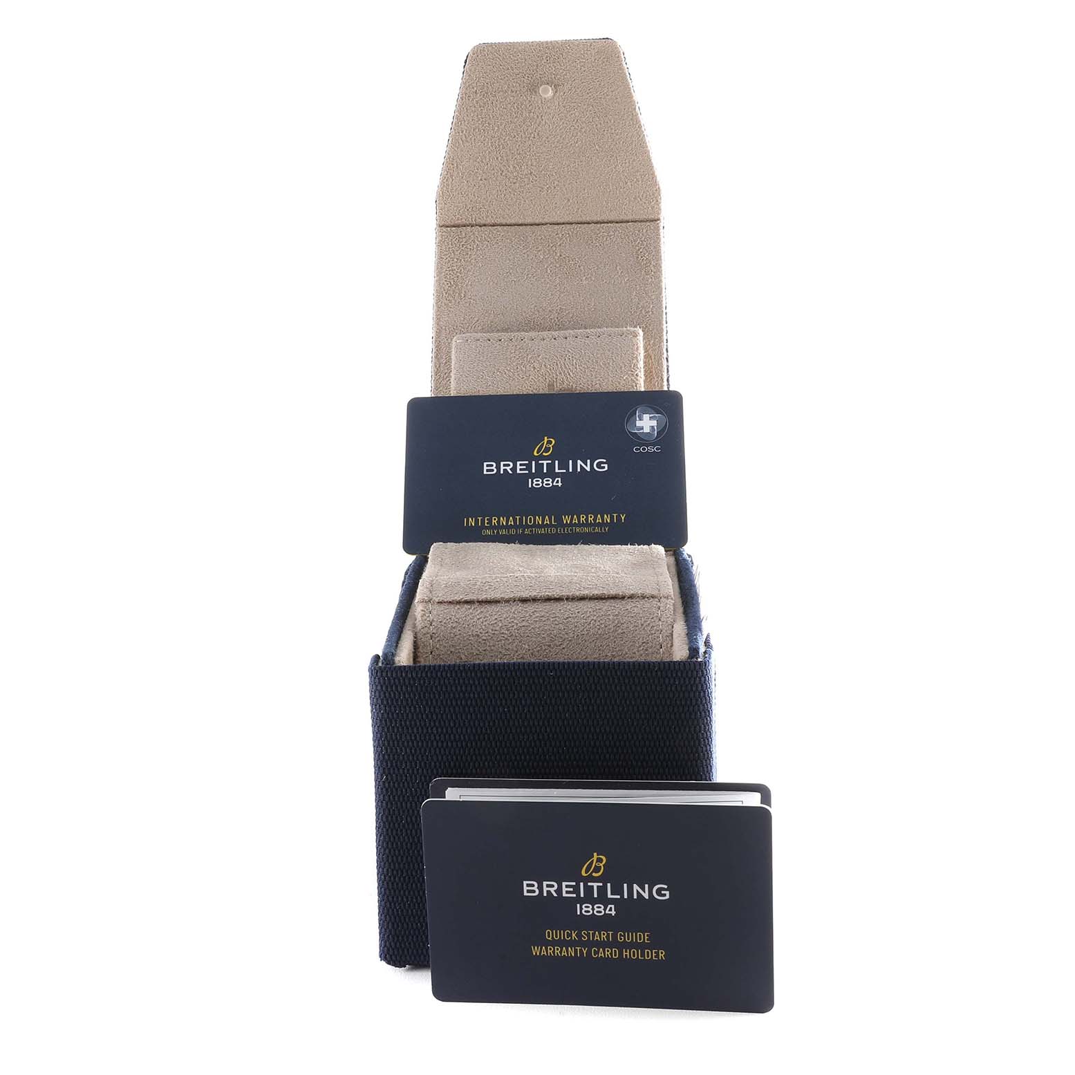 The image shows the Breitling Superocean M17368B71B1S2 Men's Stainless Steel Black Dial M17368B71B1S2 Men's Stainless Steel Black Dial watch packaging and accessories, including an open box, international warranty, and quick start guide.