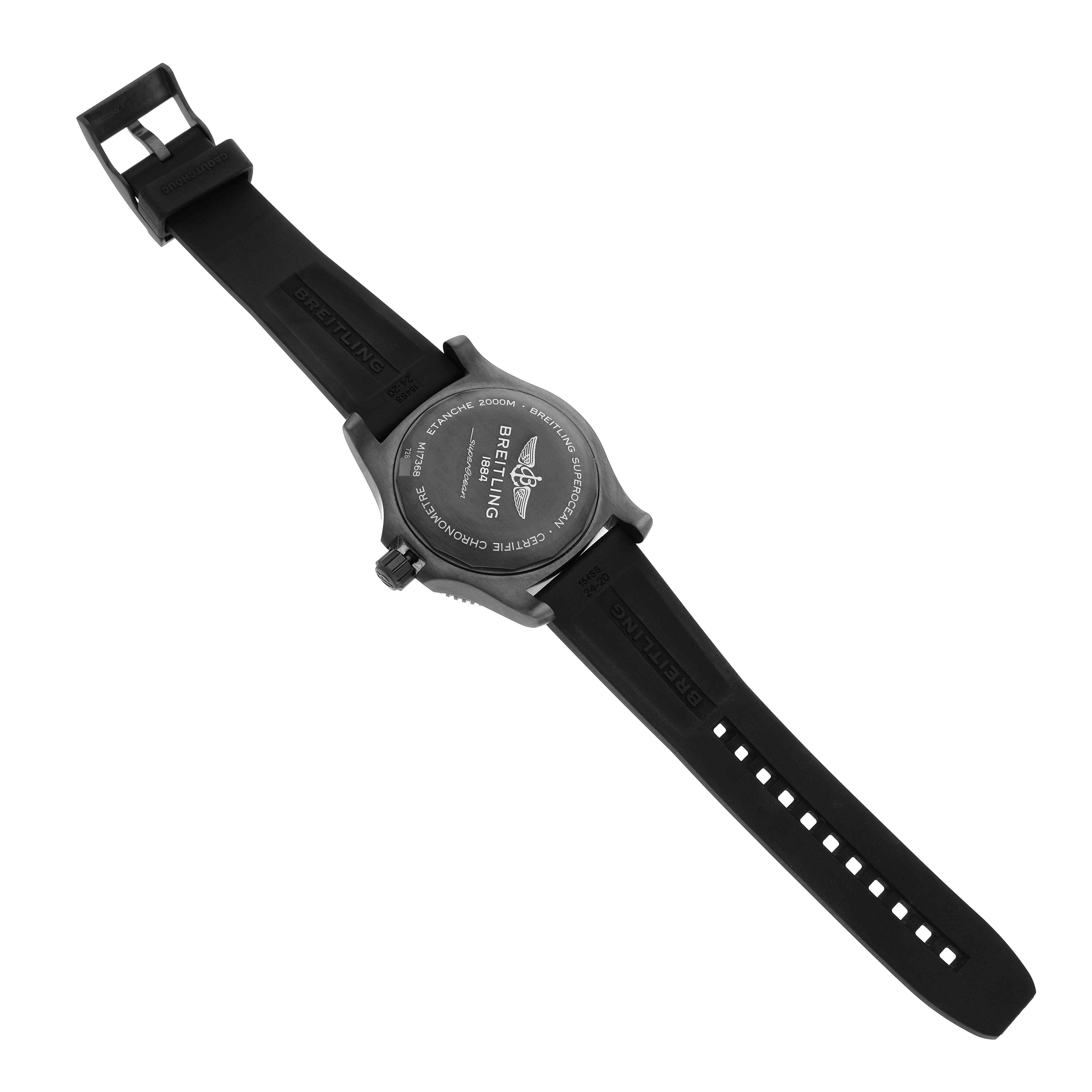 The image shows the back of a Breitling Superocean M17368B71B1S2 Men's Stainless Steel Black Dial M17368B71B1S2 Men's Stainless Steel Black Dial watch with its strap and buckle displayed.