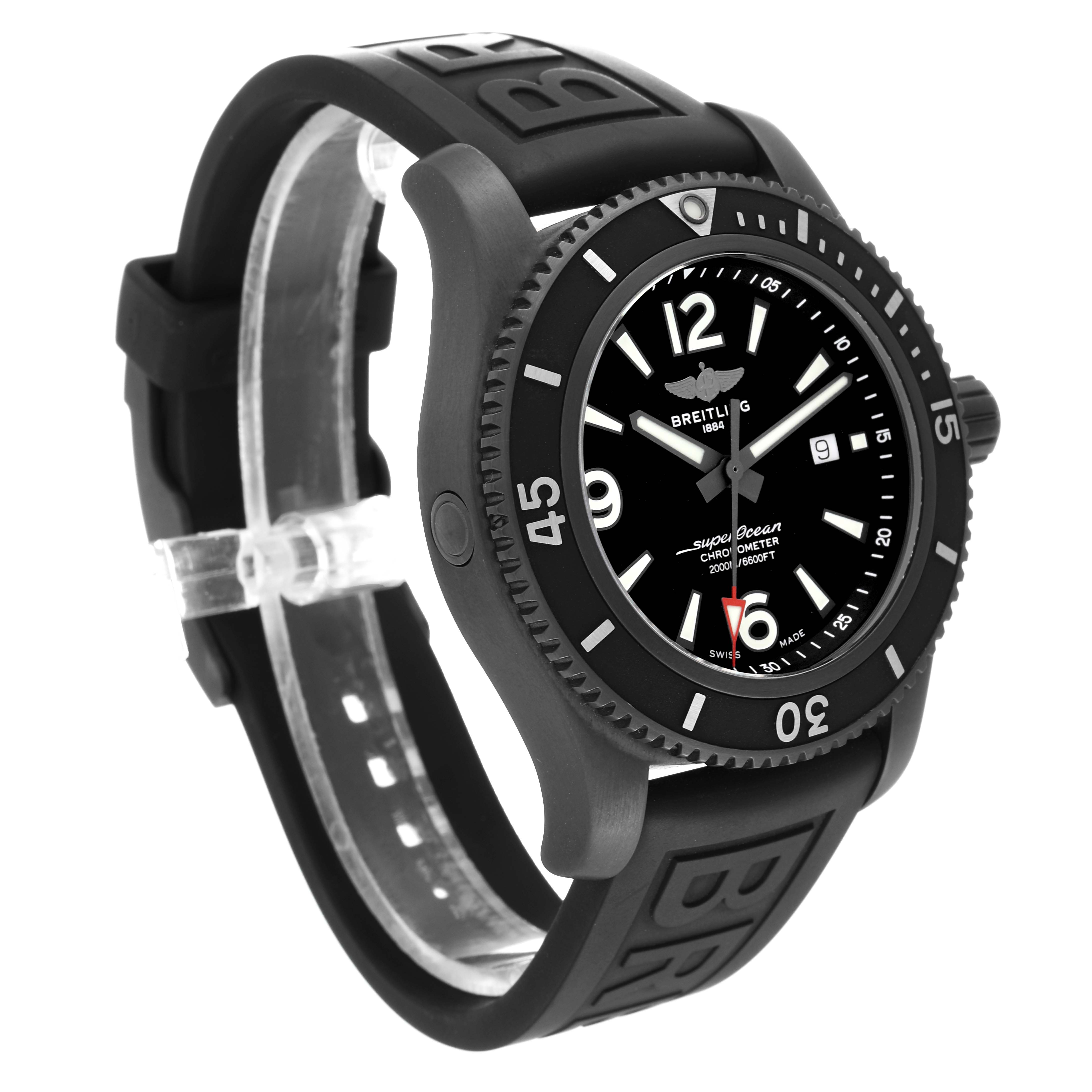 The image shows a side angle of the Breitling Superocean M17368B71B1S2 Men's Stainless Steel Black Dial M17368B71B1S2 Men's Stainless Steel Black Dial watch, highlighting the bezel, dial, crown, and rubber strap.