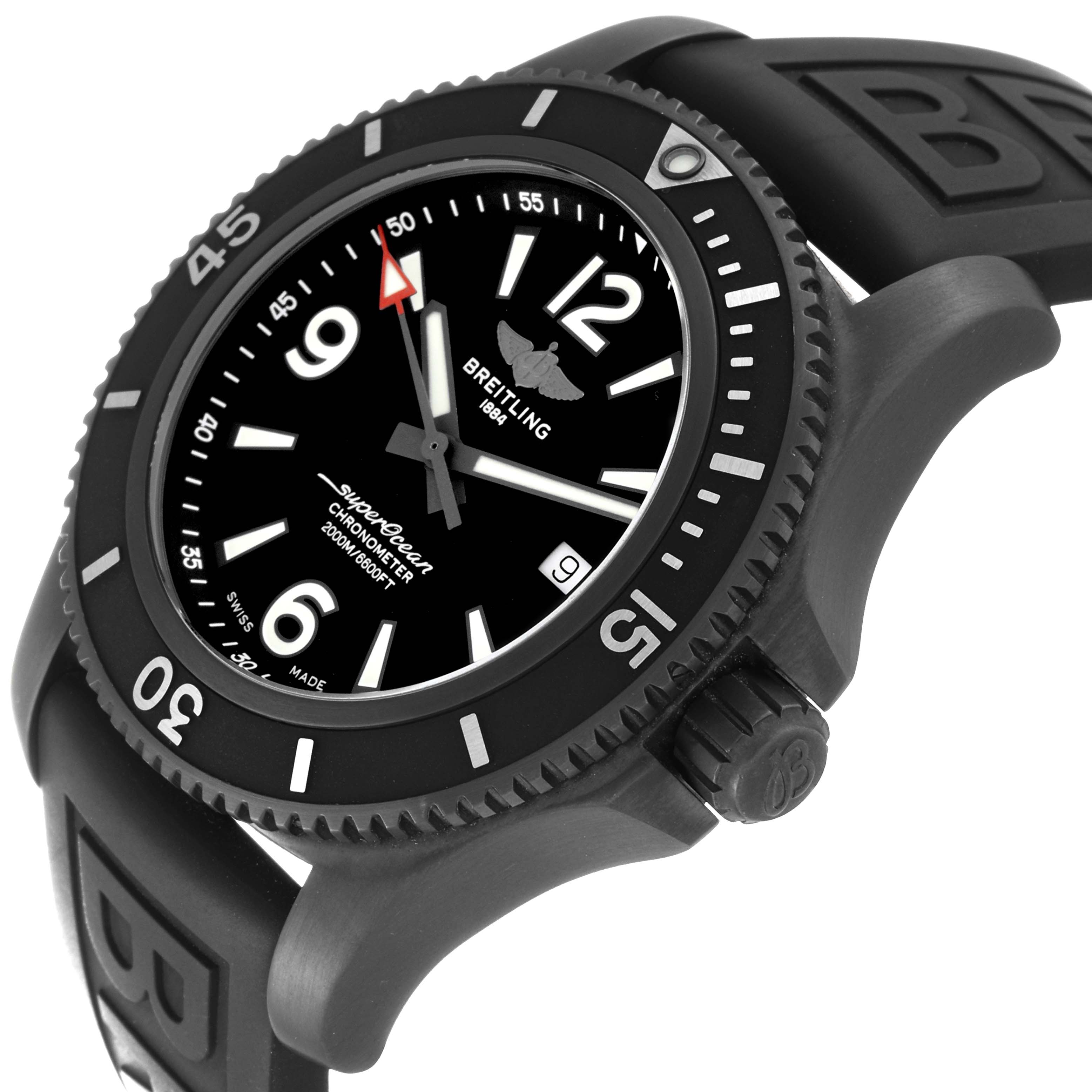 The image shows a side-angle view of a Breitling Superocean M17368B71B1S2 Men's Stainless Steel Black Dial M17368B71B1S2 Men's Stainless Steel Black Dial watch, highlighting the black bezel, dial, and rubber strap.