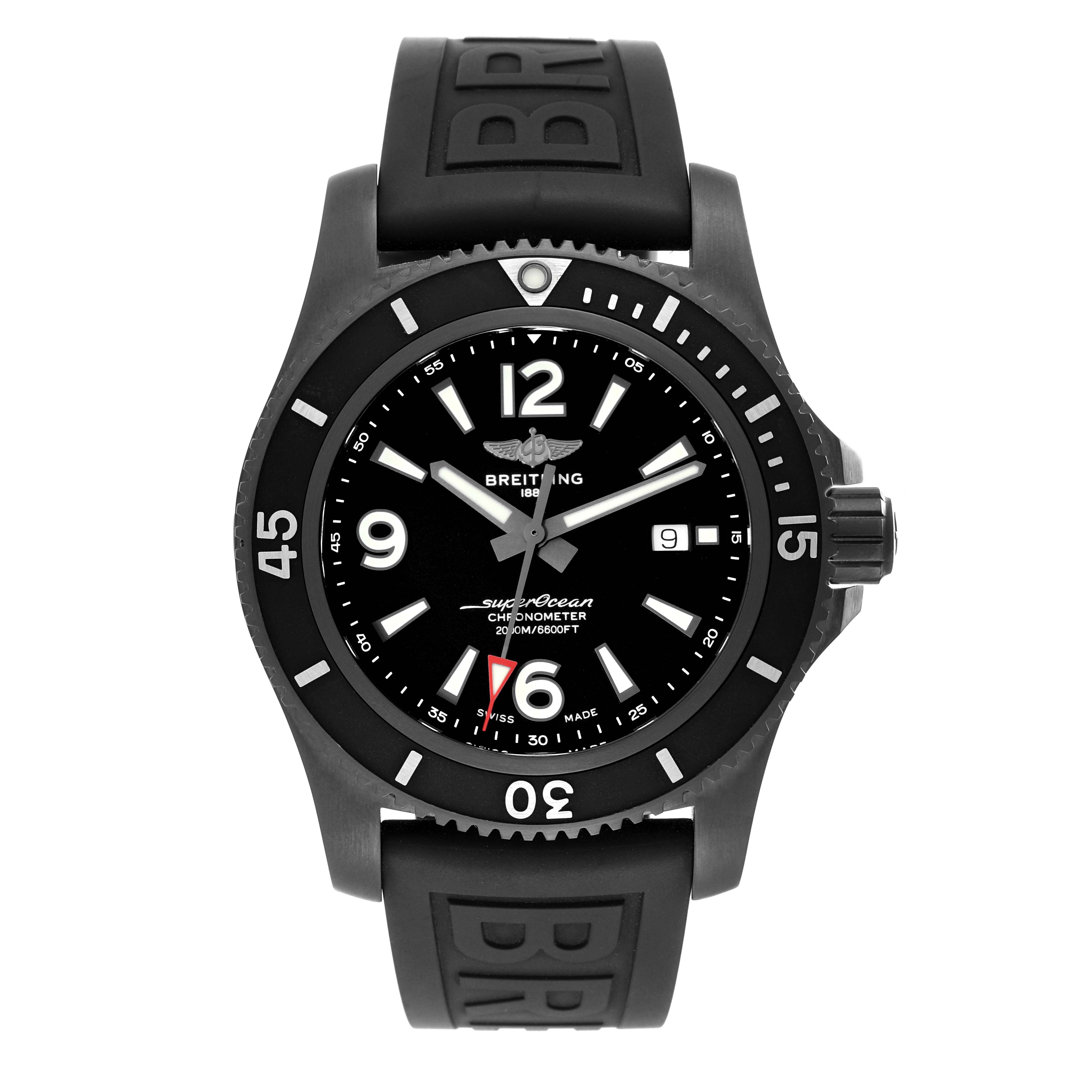 The Breitling Superocean M17368B71B1S2 Men's Stainless Steel Black Dial M17368B71B1S2 Men's Stainless Steel Black Dial watch is shown from the front, displaying its bezel, dial, hands, and rubber strap.