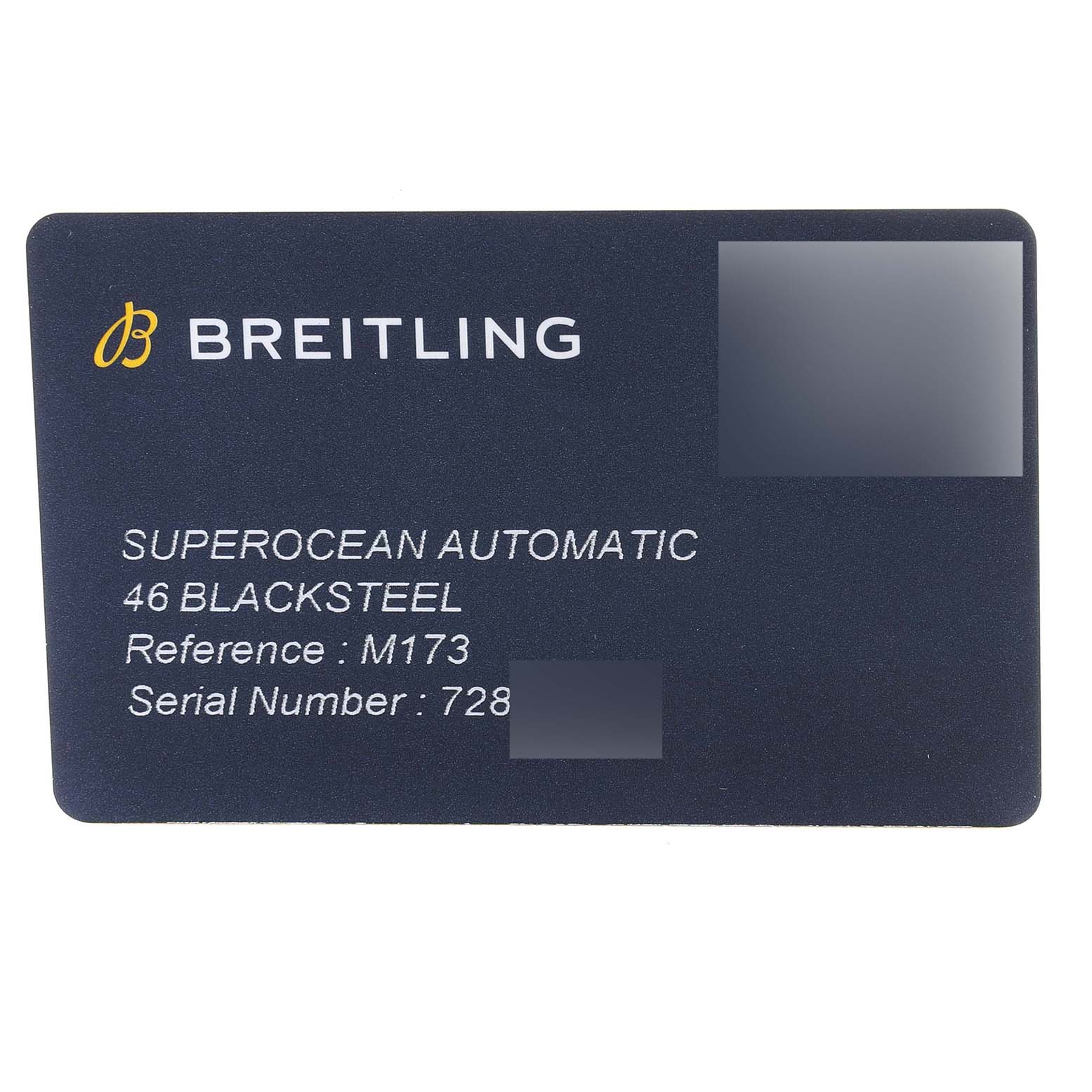 The image shows a Breitling Superocean M17368B71B1S2 Men's Stainless Steel Black Dial M17368B71B1S2 Men's Stainless Steel Black Dial Automatic 46 Blacksteel warranty card displaying the model, reference number, and serial number.