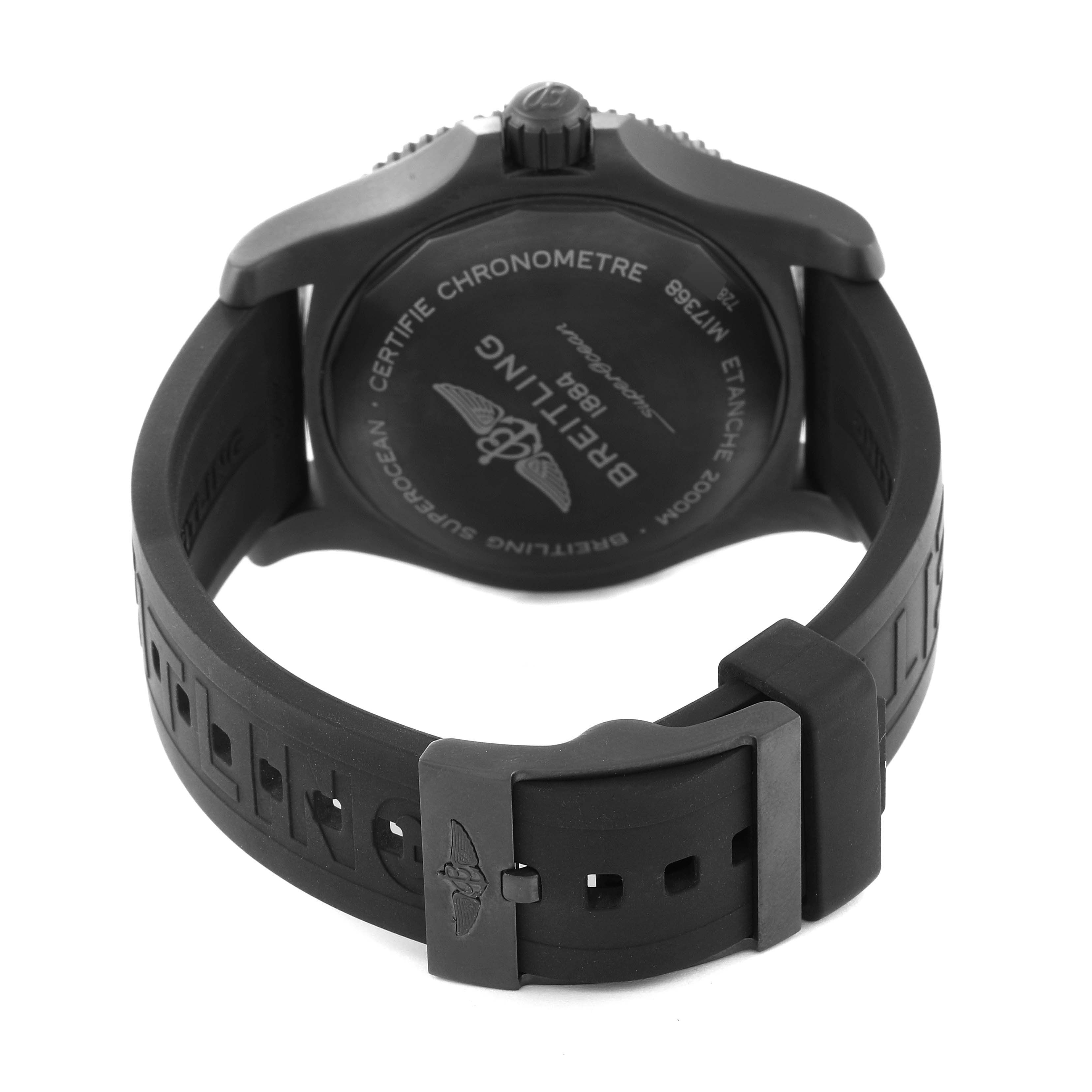 The image displays the back of a Breitling Superocean M17368B71B1S2 Men's Stainless Steel Black Dial M17368B71B1S2 Men's Stainless Steel Black Dial watch, focusing largely on the strap, clasp, and caseback.