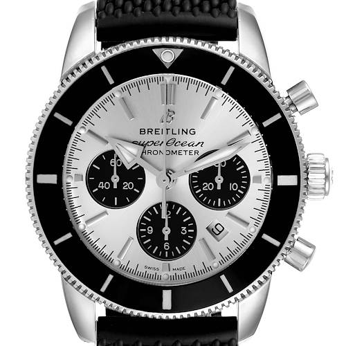 This is a front view of a Breitling Superocean AB0162 Men's Stainless Steel Silver Dial AB0162 Men's Stainless Steel Silver Dial watch, showing the face, bezel, crown, pushers, and part of the strap.