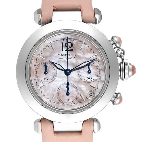 The image shows a Cartier Pasha W3106599 Women's Stainless Steel Mother of Pearl Dial W3106599 Women's Stainless Steel Mother of Pearl Dial model watch from a front angle, displaying its face, hands, dials, case, and part of the strap.