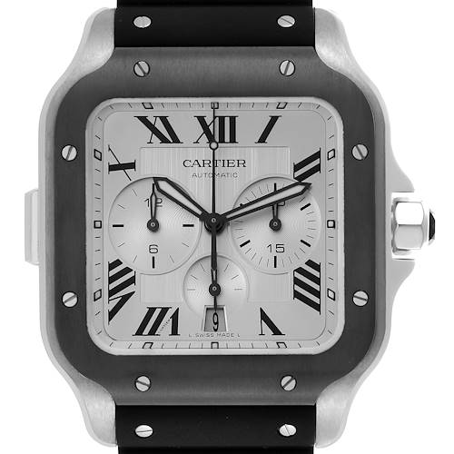 The Cartier Santos WSSA0017 Men's Stainless Steel Silver Dial WSSA0017 Men's Stainless Steel Silver Dial watch is shown from the front, displaying its square face, Roman numerals, and chronograph sub-dials.