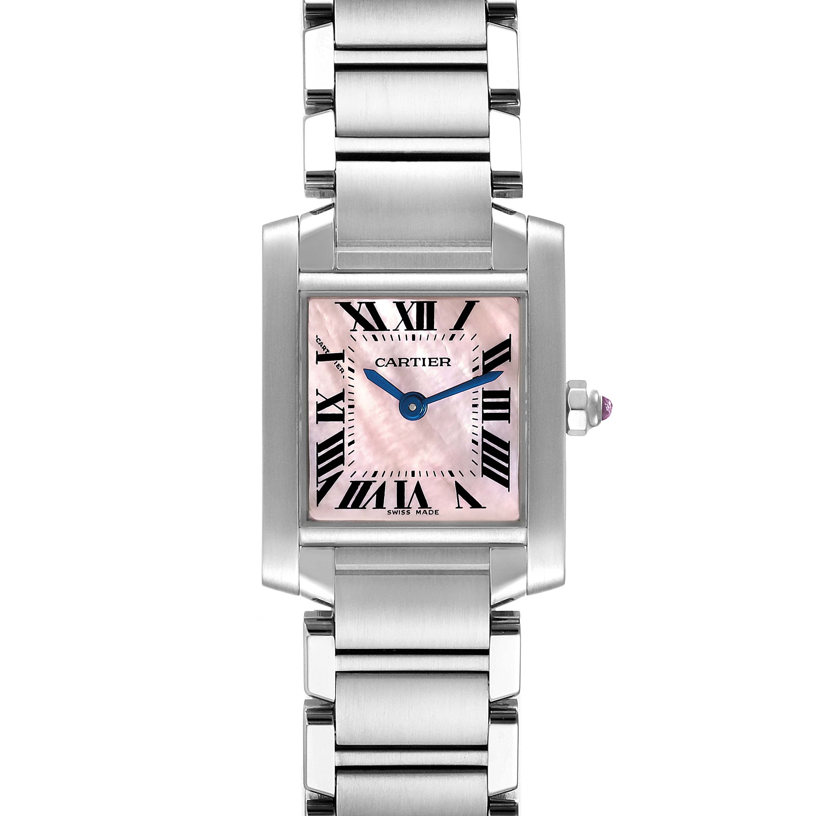 This image shows a frontal view of the Cartier Tank Francaise W51028Q3 Women's Stainless Steel Mother of Pearl Dial W51028Q3 Women's Stainless Steel Mother of Pearl Dial watch, featuring its pink dial, Roman numerals, and stainless steel bracelet.