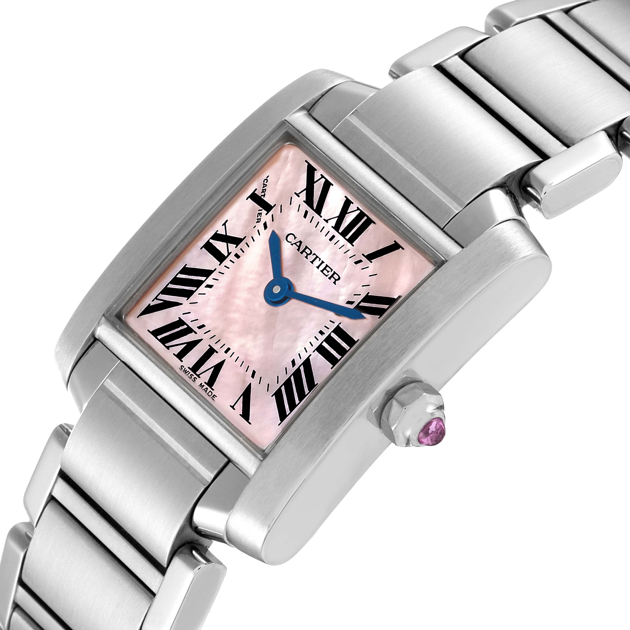 The Cartier Tank Francaise W51028Q3 Women's Stainless Steel Mother of Pearl Dial W51028Q3 Women's Stainless Steel Mother of Pearl Dial watch is shown at an angled close-up, displaying the face, crown, and part of the bracelet.