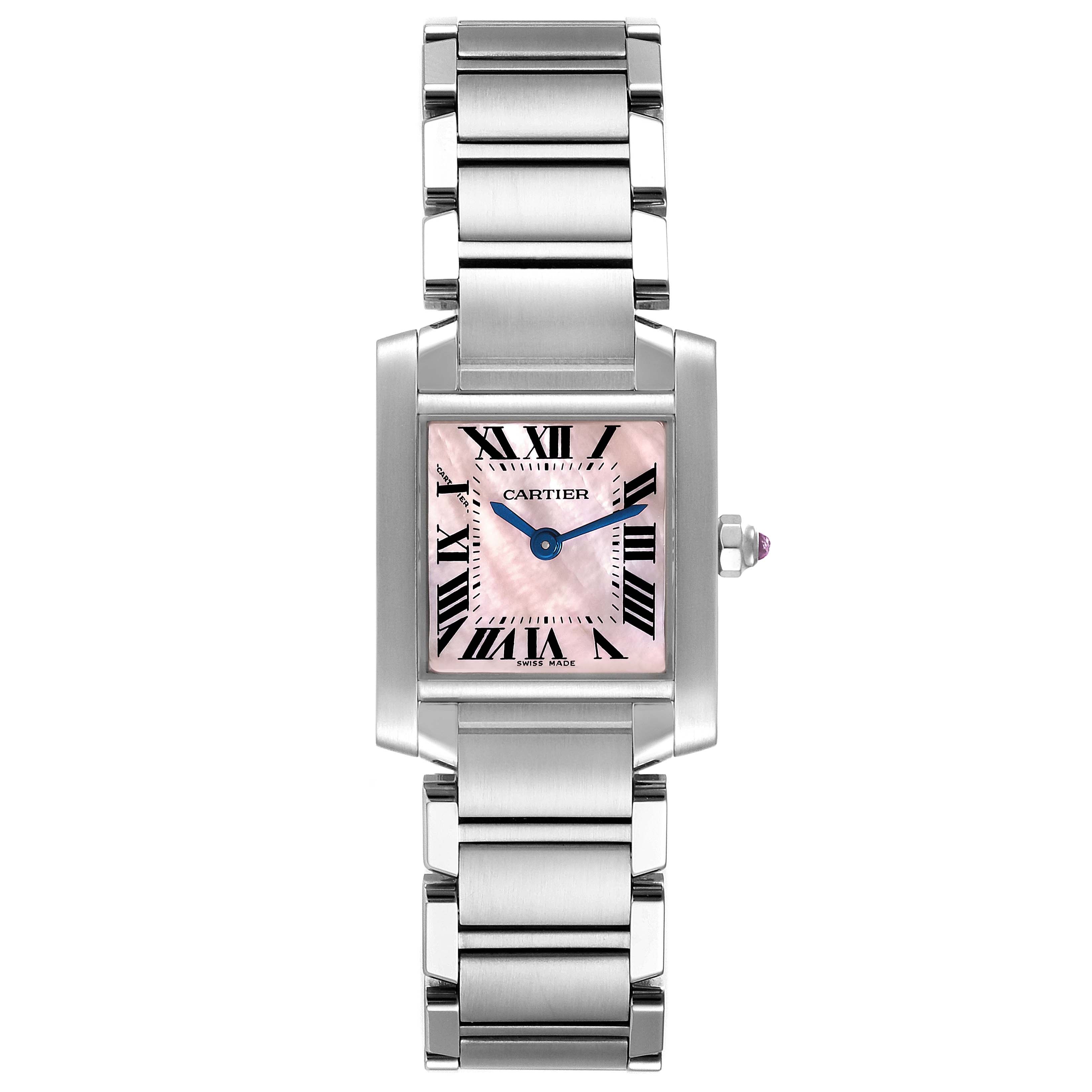The Cartier Tank Française watch is shown from a top-down angle, highlighting its face, entire band, and side crown.