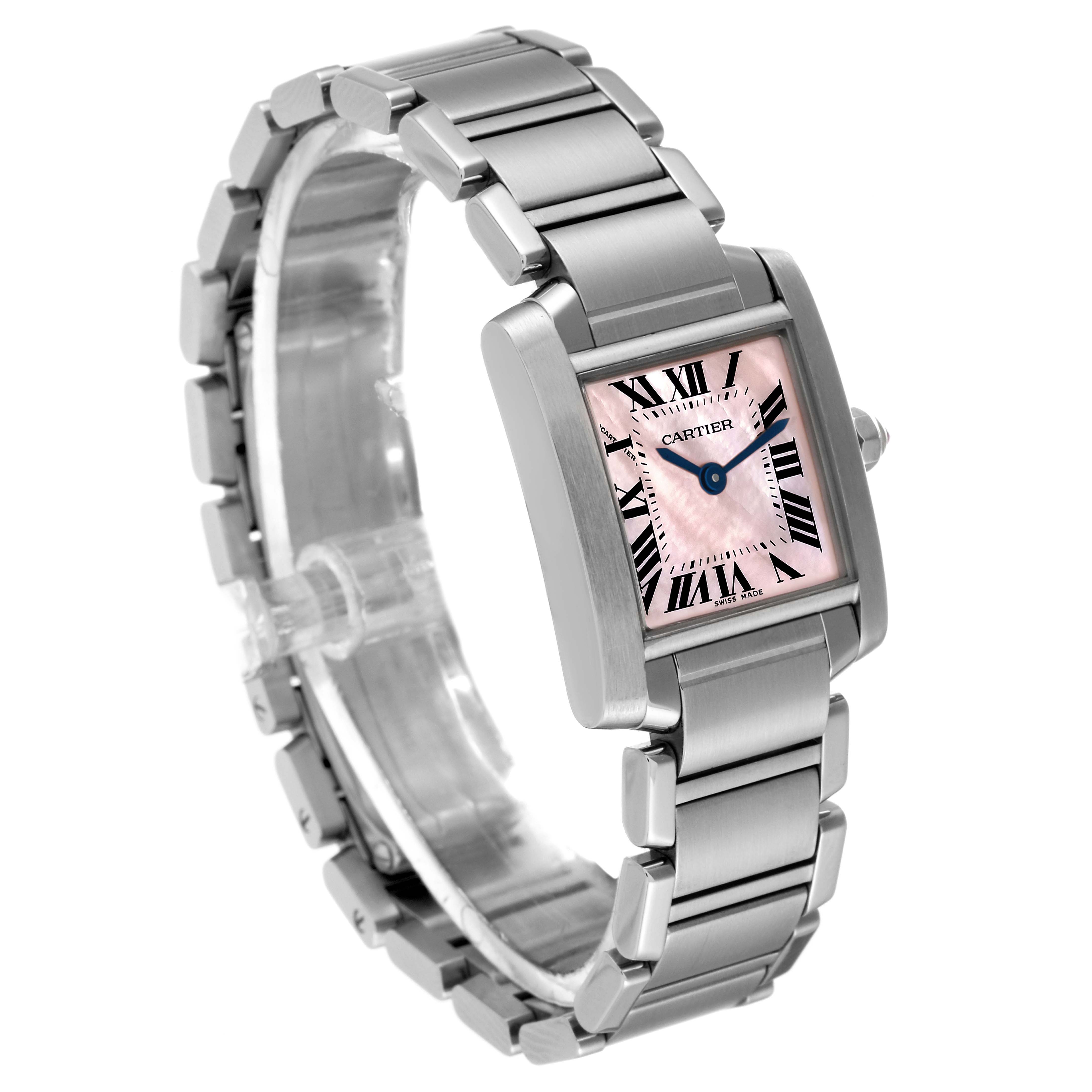 The image shows a three-quarter view of a Cartier Tank Francaise W51028Q3 Women's Stainless Steel Mother of Pearl Dial W51028Q3 Women's Stainless Steel Mother of Pearl Dial watch, with its stainless steel bracelet and pink dial visible.