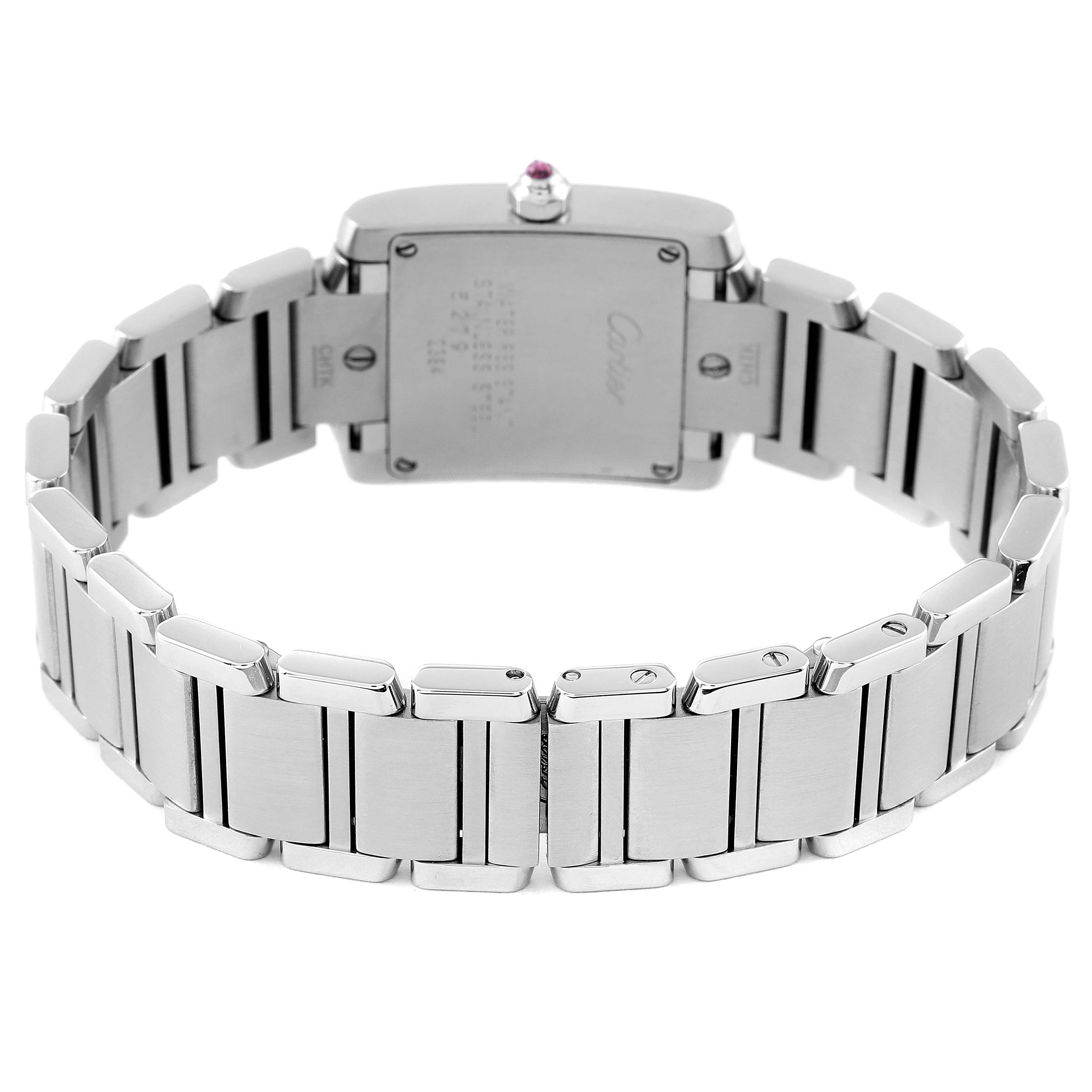 The image shows the back case and bracelet of the Cartier Tank Francaise W51028Q3 Women's Stainless Steel Mother of Pearl Dial W51028Q3 Women's Stainless Steel Mother of Pearl Dial watch from a rear angle.