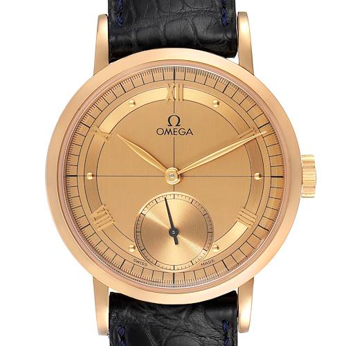 The image shows a front view of an Omega Museum 5950.30.03 Men's Rose Gold Brown Dial 5950.30.03 Men's Rose Gold Brown Dial model watch with a gold-tone dial and black leather strap.