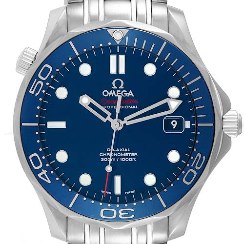 This image shows the front view of the Omega Seamaster 212.30.41.20.03.001 Men's Stainless Steel Blue Dial 212.30.41.20.03.001 Men's Stainless Steel Blue Dial watch, highlighting the dial, bezel, hands, and bracelet.