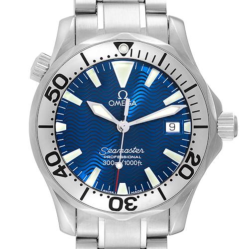 This image shows a front view of the Omega Seamaster 2263.80.00 Men's Stainless Steel Blue Dial 2263.80.00 Men's Stainless Steel Blue Dial watch, highlighting the dial, bezel, crown, and part of the bracelet.