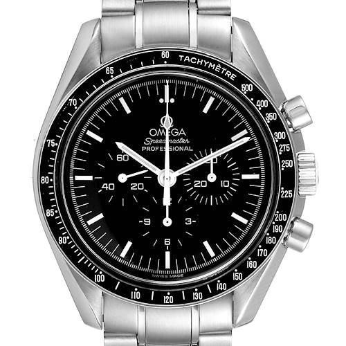 This Omega Speedmaster 3570.50.00 Men's Stainless Steel Black Dial 3570.50.00 Men's Stainless Steel Black Dial watch is shown from the front, displaying the dial, bezel, and part of the bracelet.