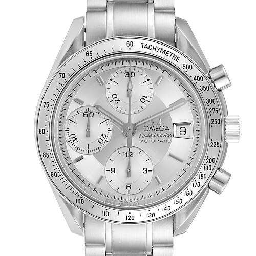 This image shows a front view of an Omega Speedmaster 3513.30.00 Men's Stainless Steel Silver Dial 3513.30.00 Men's Stainless Steel Silver Dial watch, displaying the chronograph sub-dials, date window, and tachymeter bezel.